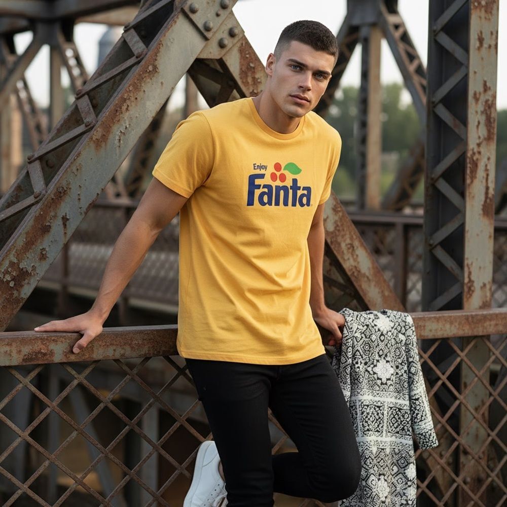 H&M Men’s Logo Fanta Coca Cola branded Orange Graphic T-shirt, New